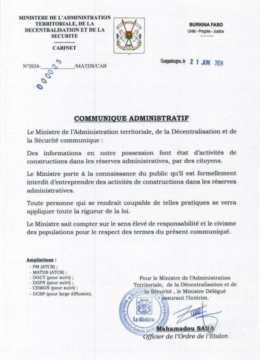 COMMUNIQUÉ ADMINISTRATIF